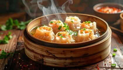 Steaming shrimp dumplings, a delicious dish in a traditional bamboo steamer, presented with a warm, inviting atmosphere.