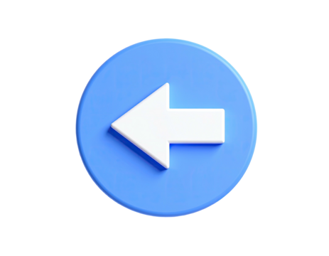 A 3D-rendered arrow pointing left, rendered in white, on a blue circular background