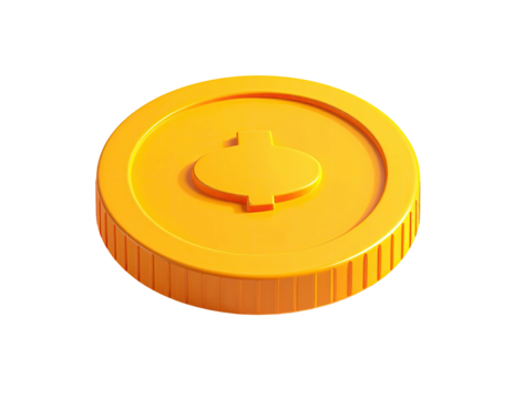 A shiny gold coin, slightly tilted, with a centered, abstracted symbol