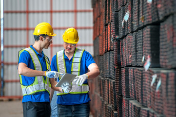 Two workers in a warehouse are looking at a tablet and discussing something.