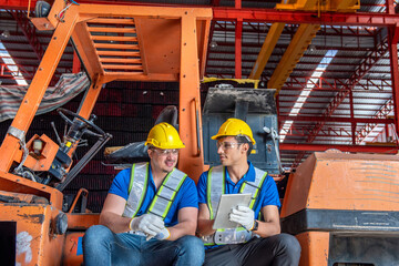 Two workers in hard hats and safety vests sit on a forklift and look at a tablet.