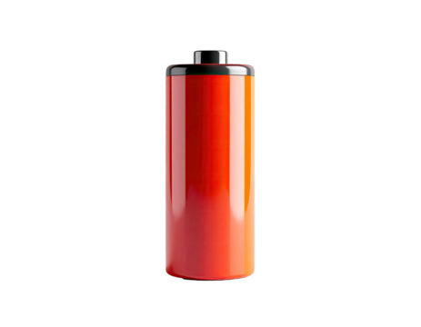 A single, glossy, red-orange battery with black cap against a stark black background - Powered by Adobe