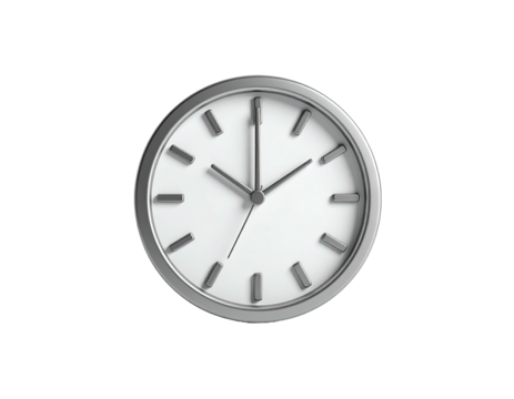 A simple, round clock with a silver bezel and hands on a stark black backdrop