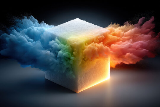 Glowing open cube emitting vibrant abstract elements in futuristic 3D render - Powered by Adobe