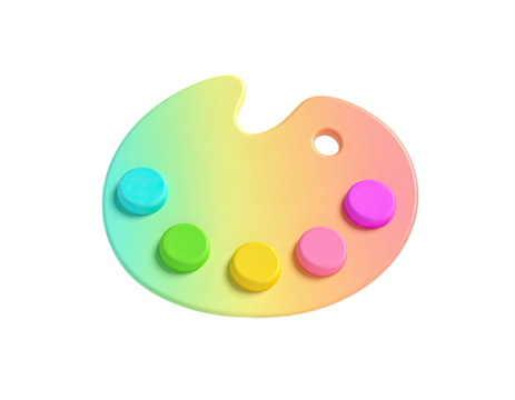 A vibrant, 3D rendered artist's palette with colorful paint blobs against black