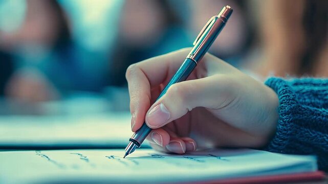 Close-up of a hand writing on paper with a pen, focusing on note-taking.