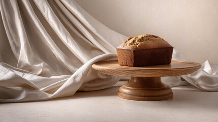 Sculptural Display of Bread on Wooden Pedestal with Elegant Draped Fabric in Soft Lighting