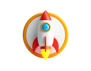 3D rendered illustration of a cartoon rocketship taking off from within a circle