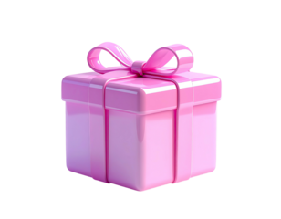 A glossy, pink gift box tied with a matching bow, set against black