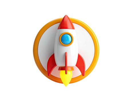 3D rendered illustration of a cartoon rocketship taking off from within a circle - Powered by Adobe