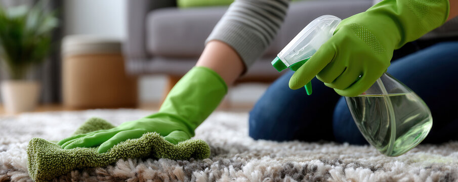 Cleaning a carpet with spray cleaner and cloth while wearing green gloves on a clear day indoors