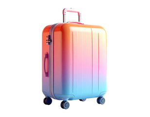 A glossy suitcase in gradient hues, ready for travel, against a stark black backdrop