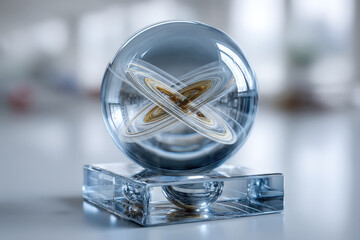 Minimalist chrome pendulum with motion blur and equilibrium symbol in calming space