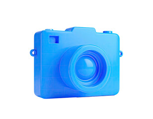 A stylized 3D rendering of a blue camera with a front lens, against black