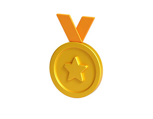 A gleaming gold medal with a star, hanging by an orange ribbon, on black