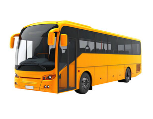 A bright yellow passenger bus with an open door, isolated on a black background