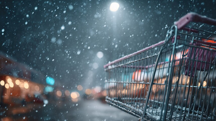 Snowy night with empty shopping cart on cold urban street, creating lonely mood in winter snowfall