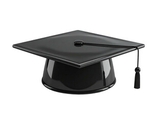 Shiny black academic graduation cap with a tassel, isolated on black