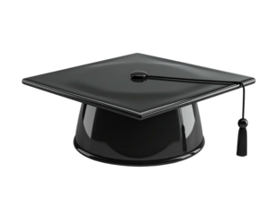 Shiny black academic graduation cap with a tassel, isolated on black