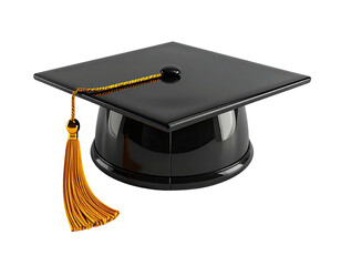 Glossy black graduation cap with golden tassel and button against a dark backdrop