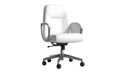 A glossy white office chair with silver arms and a black wheel base