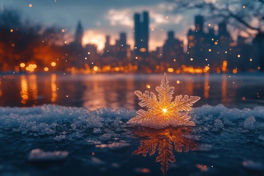 Snowflake on ground against city backdrop.