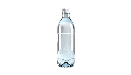 Clear, cylindrical bottle of water with a white cap on a black background