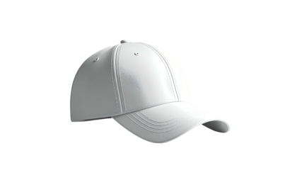 A clean, white baseball cap angled to the right, set against a stark black backdrop