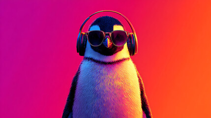 A cheerful penguin wearing headphones and sunglasses stands against a vibrant sunset gradient. Fun!!