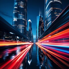 Fototapeta premium Vibrant streaks of red and blue light trails from moving vehicles illuminate a futuristic city street at night with towering skyscrapers