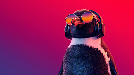 Backlit penguin wearing oversized sunglasses and headphones against a vivid red-blue gradient scene