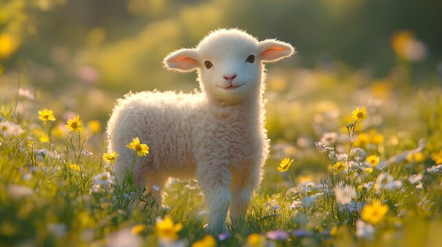 A cute lamb with fluffy white wool stands in a vibrant meadow filled with yellow and white wildflowers, basking in the warm sunlight.