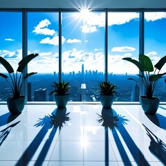 Modern office interior with potted plants and a panoramic view of a sprawling city skyline under a bright sunny sky