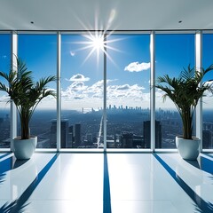 Bright sunny day with a panoramic view of a sprawling city skyline seen through large floor to ceiling windows with two potted plants