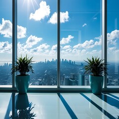 Modern office interior with large windows showcasing a panoramic city skyline view and bright sunny sky with fluffy clouds