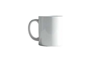 A white, cylindrical mug with a rounded handle, against a solid black background