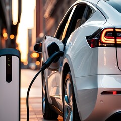 Modern white electric vehicle plugged into a charging station on a city street at dusk with warm ambient light