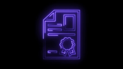 Glowing neon certificate icon animation on black background symbolizes achievement recognition and success