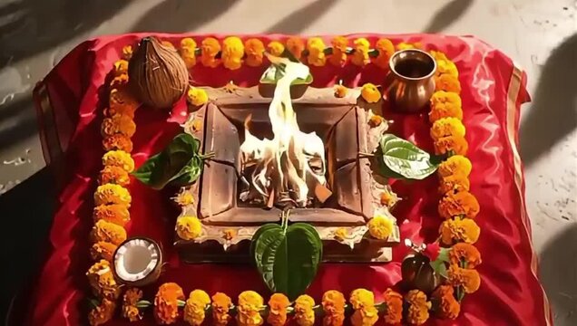 Sacred Indian marriage Havan ritual with traditional fire ceremony and auspicious offerings for eternal vows