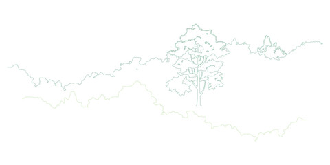 Stylized Landscape Outline with Tree Silhouette and Rolling Hills in Muted Green Tones
