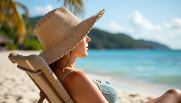 Woman hat beach summer relaxation sunbathing tropical ocean vacation serene sand outdoor leisure sunlight travel nature blue