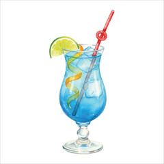Blue Curaçao Tropical Cocktail Watercolor Vector Illustration on White Background
