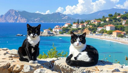 Two Black and White Cats Relaxing by the Sea.