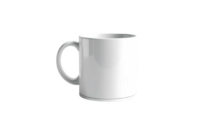 A simple, white ceramic coffee mug with a rounded handle, isolated on black