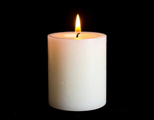 Single White Candle Burning in Darkness.