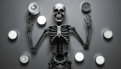 Skeleton Juggling Candles in a Dark Room.