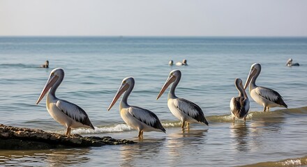 Pelicans on the Shoreline - A Serene Coastal Scene.