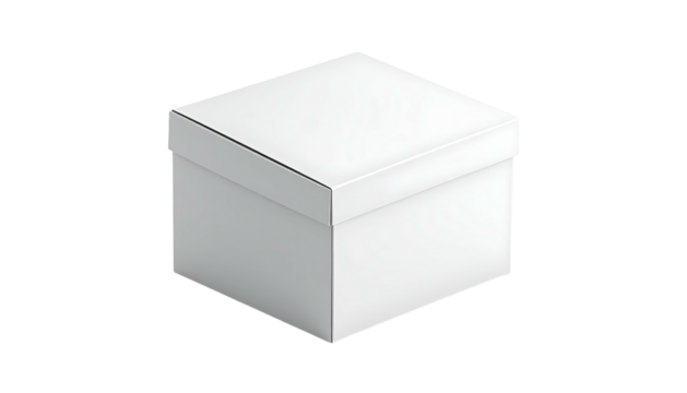 Plain, white, square box, viewed at an isometric angle, with a lid on and a drop shadow