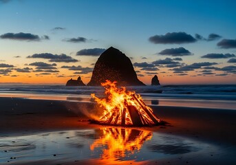 Beach Bonfire at Sunset with Haystack Rock Silhouette.