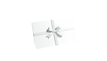 White rectangular card, tied with a bow, presented against a black backdrop